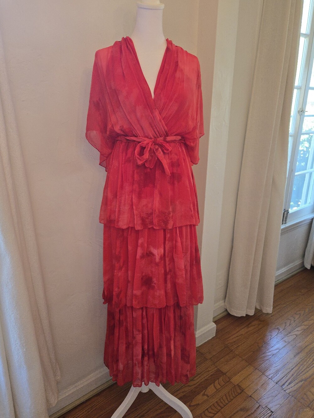 Semi-Sheer ,Three Tiered Maxie Dress In Red Cloud Washed Silk and Viscose.